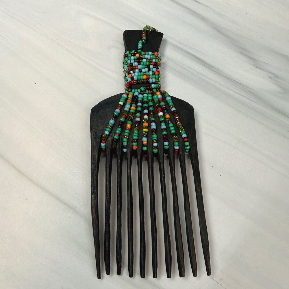 African Hand Carved Wood Hair Comb Pick Colorful Glass Seed Beads Tribal Style